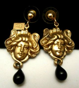 Chic Vintage Signed Jb Goldtone 2 " Cameo Art Nouveau Dangle Pierced Earring A74
