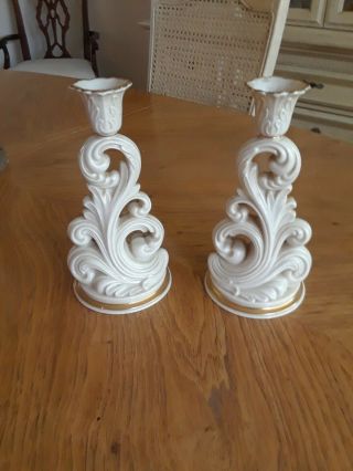 Lenox Pair Vintage China Candlesticks Candle Holders Ivory Cream 24k Gold Trim