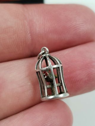 Antique Vintage Sterling Silver Cage With Bird Inside Charm Pendant 0.  8 G 0.  5 " T
