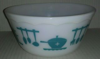 Vintage Hazel Atlas Turquoise Kitchen Aid Utensils Mixing Bowl 8” Scalloped Rim
