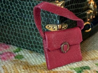 VINTAGE Miniature Dollhouse ARTISAN Real Red Leather Ladies Purse Antique Buckle 4