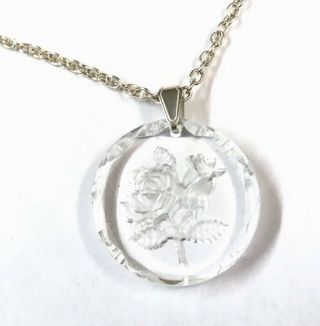 Vintage Silver Glass Reverse Carved Rose Pendant Chain Necklace Boxed