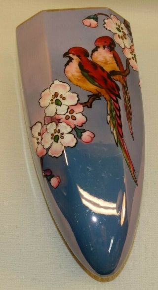 Vintage Noritake Blue Lusterware Wall Pocket Vase W/ Hand Painted Birds & Flower