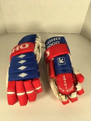 Vintage 14” Koho 5000 Hockey Gloves Leather Red White Blue Euc