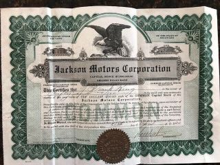 Vintage Stock Certificate " Jackson Motors Corporation " In Delaware,  1920