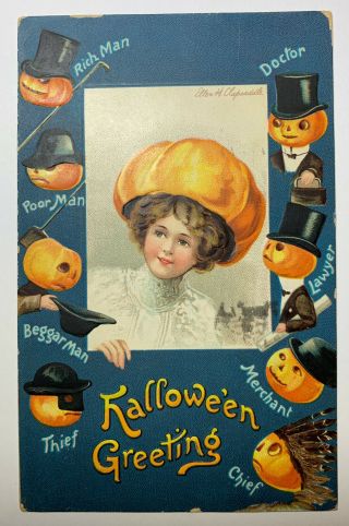 Vtg Halloween Postcard Pumpkin Jol Rich Man Poor Man 1911 Clapsaddle