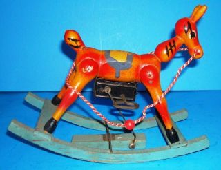 Vintage Japan Wooden Wind Up Toy Rocking Horse Miniature