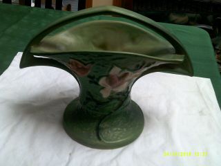 Vintage Roseville Magnolia Pattern Handled Green Basket No.  385 - 10 "
