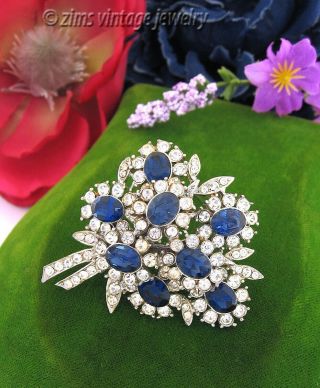 Vintage Capri Signed Sapphire Blue Rhinestone Floral Bouquet Silver Pin Brooch