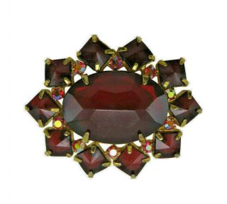 Vintage Rhinestone Brooch Pin Ruby Red Crystal Gold Oval Prong Set Jewelry 801k