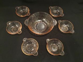 Vintage Pink Depression Diamond Quilt 7 Glass Berry Bowls Totally Chip.