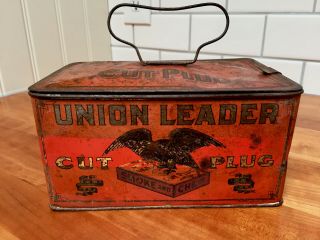 True Vintage Union Leader Cut Plug Tobacco Tin Eagle Hinged Lid,  Usa
