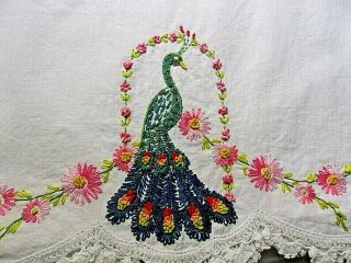 Vintage Embroidered Needlepoint Pillow Cases W/peacocks