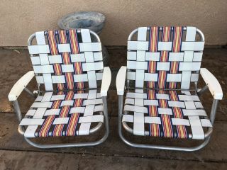 Vintage Aluminum Folding Webbed Lawn Chair Set 2 Camping Beach Retro Blue Red