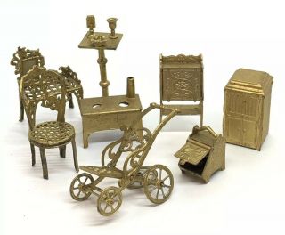 Vtg 1920 / 30s Metal Tootsie Toy & French & Doll House Furniture (8 Piece Room)