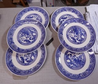 6 Vintage Blue Willow Dinner Plates 9 7/8 " Unmarked