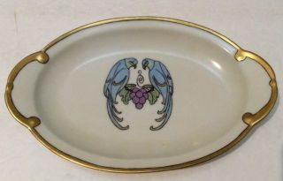Vintage Oval Relish Dish Hand Painted Blue Birds Grapes Gold Trim Bavaria Signed