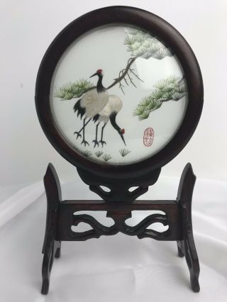 Vtg Cabinet Screen Handmade Chinese Crane Two - Side Silk Embroidery Art Display
