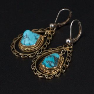 Vtg Sterling Silver Chinese Export Gold Filigree Turquoise Earrings - 5.  5g