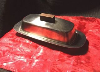 Vintage Stainless Steel 18 - 8 Butter Dish Japan Wood Handle
