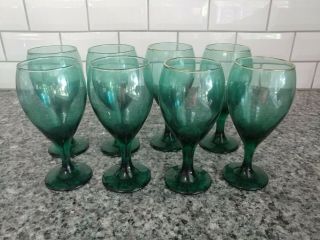 8 Vtg Libbey Teardrop Juniper Green Water Glasses W/ Gold Trim Goblets 7 " Tr