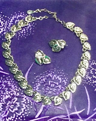 Vintage Signed Coro Jewelry Necklace/clip On Earrings Set - 1950s Silver Leaf Set