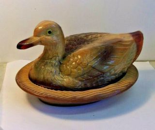 Vintage 2pc Westmoreland Chocolate Slag Glass Duck On Nest Candy Dish 8 " Long