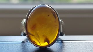 Vintage Sterling Silver 925 Ring.  Large,  Probably Amber Gemstone (see Photos)