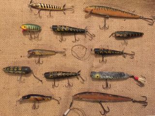 Antique Hand Painted Wooden Fishing Lures (12 In Total)