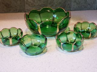 Vintage Eapg Emerald Empress Green Riverside Glass 5 Piece Berry Salad Bowl Set