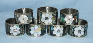 Set Of 9 Abolone & Silver Vintage Napkin Rings
