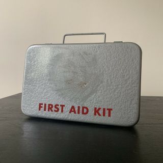 Vintage Silver Metal First Aid Kit.  Red Lettering.