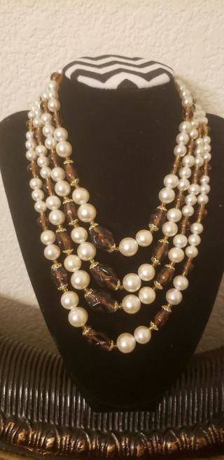Vintage Jewelry Japan Necklace Gold Tone 4 Strand Faux Pearl And Glass