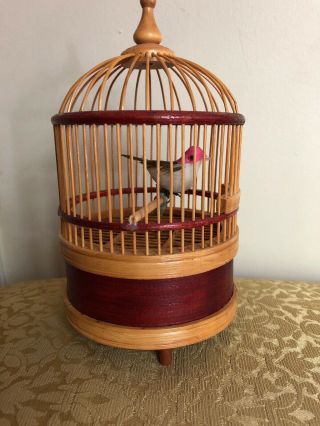 Vintage 7 1/4” Tall Bamboo Mechanical Singing Bird In A Cage Music Box