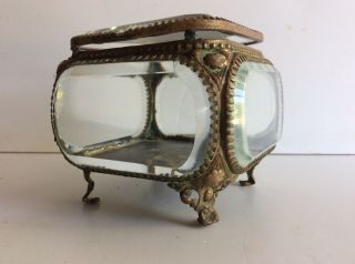Old Vintage Ornate Filigree Jewelry Box Beveled Glass Metal Casket Mid Century