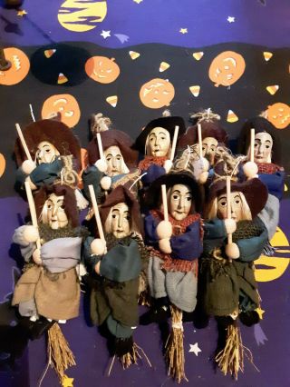 9 VINTAGE HALLOWEEN WITCH ORNAMENTS - CARVED WOOD FACES - SET 9 - HALLOWEEN T 2