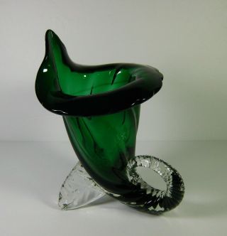 Vintage Green Art Glass Cornucopia Horn Of Plenty Vase