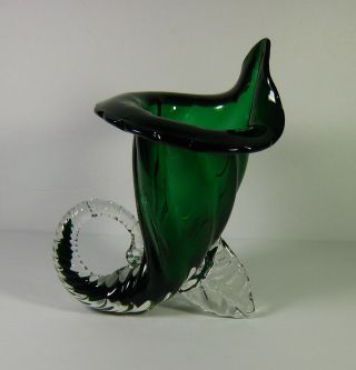 Vintage Green Art Glass Cornucopia Horn of Plenty Vase 3