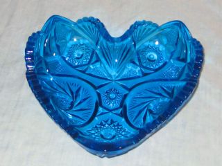 Vintage Aqua Blue Glass 6 1/2 " Heart Shaped Dish Starburst Pinwheel Sawtooth Rim