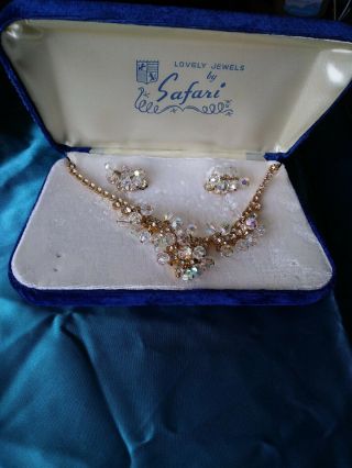 Vintage Clear & Aurora Borealis Beads Necklace And Earring Set By Safari Jewelry