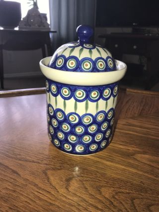 Vintage Boleslawiec Lidded Porcelain Jar.  9 Inches Tall.