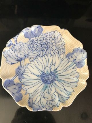 Vtg Fitz And Floyd 1975 Decorative Plate Dinnerware Yellow Chevron Blue Flowers