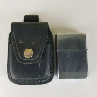 Vintage Zippo 1989 E - V Chrome Plain Flip Top Cigarette Lighter W/leather Case
