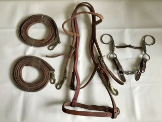 Vintage Horse Bridle/headstall W/ Bit (red River) & Reins - Leather