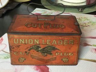 Vintage Union Leader Cut Plug Smoking & Chewing Tobacco Tin Lunch Box Hinged 2