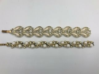 2 Vintage Sarah Coventry Gold Tone Bracelets - Faux Pearls,  Rhinestones & Enamel
