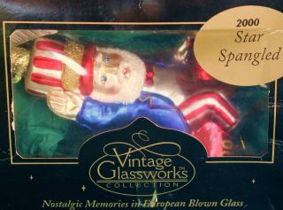 Star Spangled Santa Blown Glass Christmas Ornament 2000 Vintage Glassworks