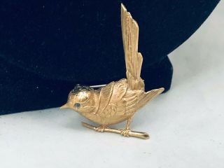 Vtg.  Rare Krementz Blue Rhinestone & Gold Tone Sparrow Bird Brooch