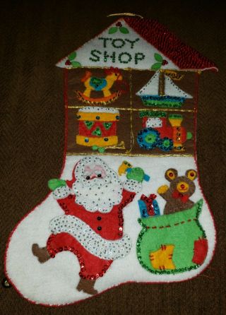 Vtg Finished Felt Jeweled Christmas Stocking Santa Claus Toy Shop 16 "