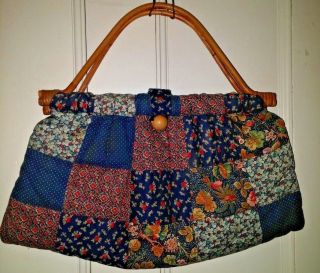 Knitting Needlecraft Bag Tote Vtg 1980s Blue Patchwork Wicker Handles